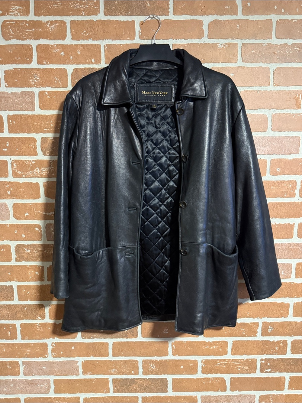 Marc New York Black Quilted-Lined Leather Pea Coat